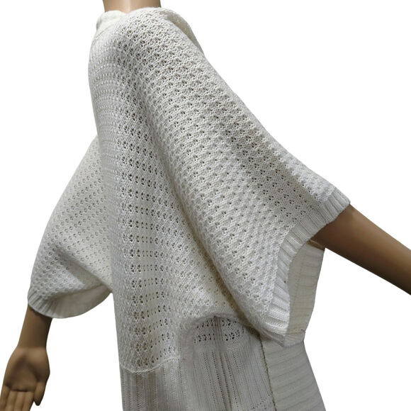 1990s Knit Wool Cardigan Cream Long Boho Open Front Short Sleeve Sweater Size L - Picture 5 of 10